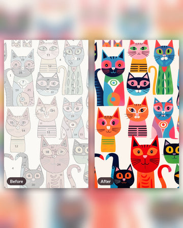 Meow Collection paint by numbers kit, before and after