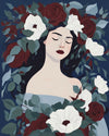 Midnight Dreamer paint by numbers kit, woman with closed eyes among white anemones and burgundy roses on navy blue