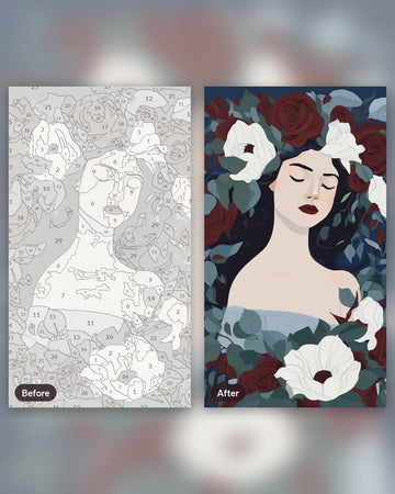 Midnight Dreamer paint by numbers kit, before and after