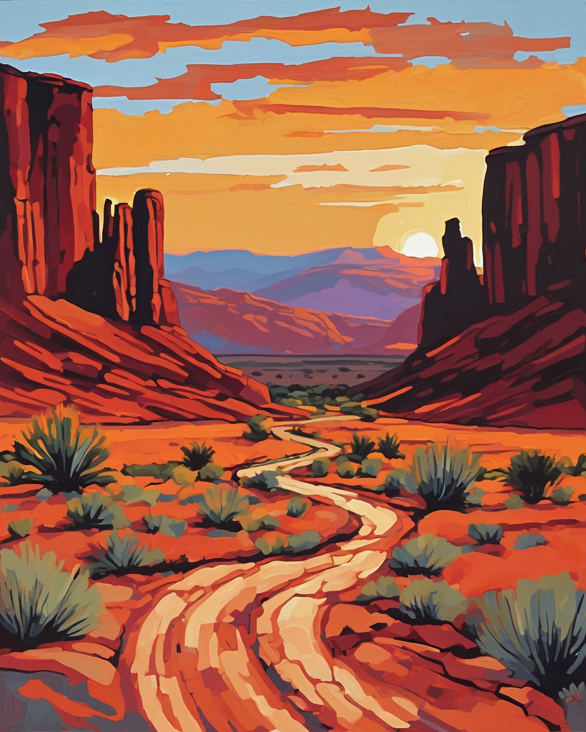 red sandstone buttes at sunset with a winding dirt track and sagebrush, paint by numbers kit