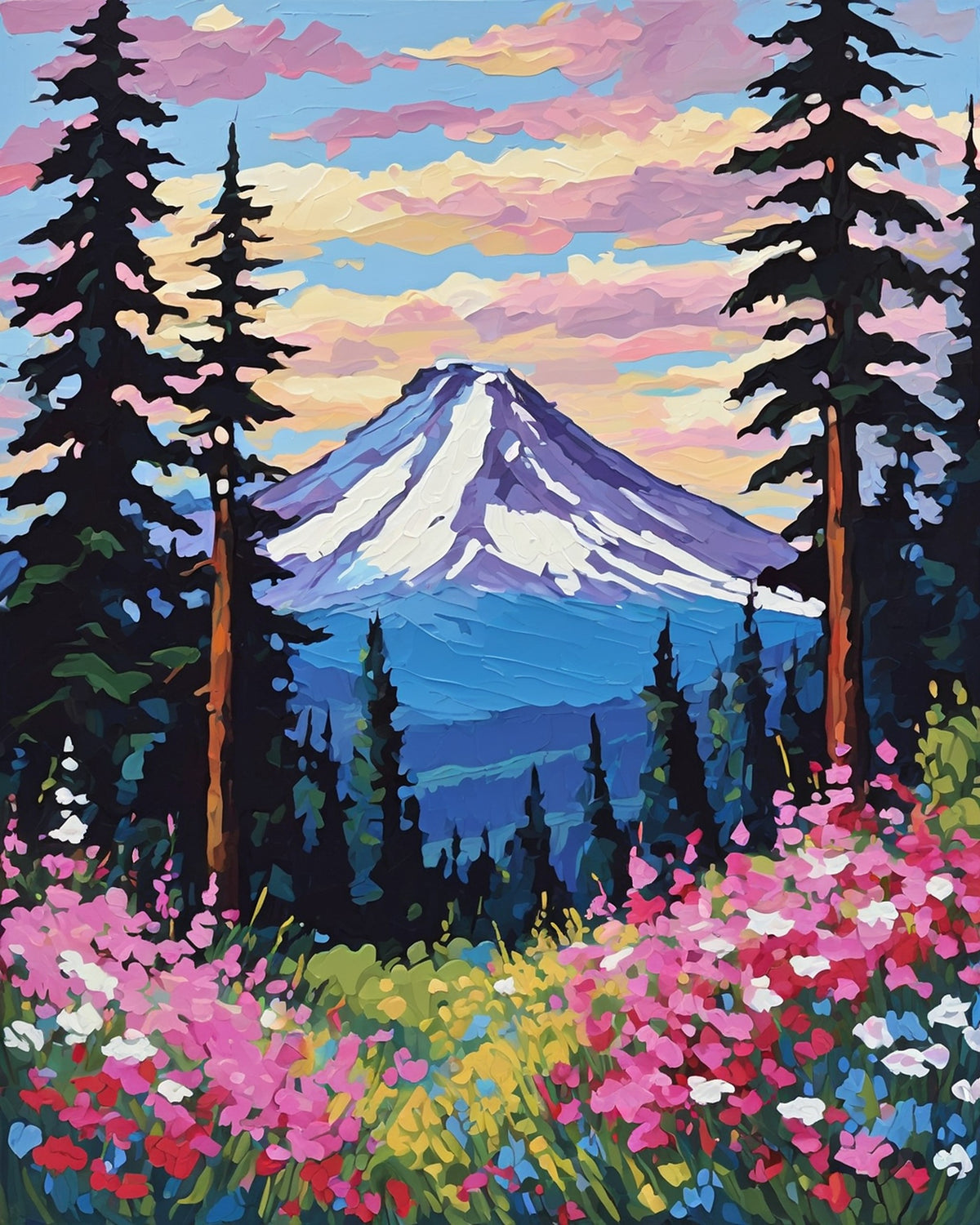 snowy volcano behind dark pines and a pink wildflower meadow under a pink and gold sky, paint by numbers kit