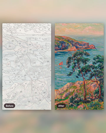 Mountain and Sea paint by numbers kit, before and after