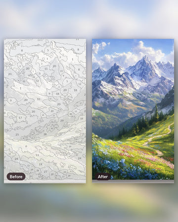 Alpine Journey paint by numbers kit, before and after