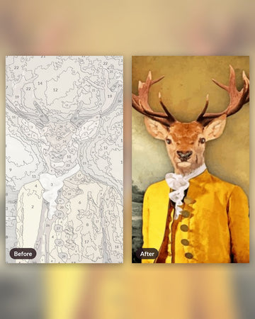 Artistic Mr Deer paint by numbers kit, before and after