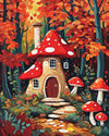Mushroom Cottage in the Autumn Forest paint by numbers kit, a red toadstool mushroom cottage in an autumn forest