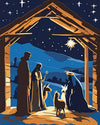Nativity under the Star of Bethlehem paint by numbers kit, the Holy Family in a wooden stable at night