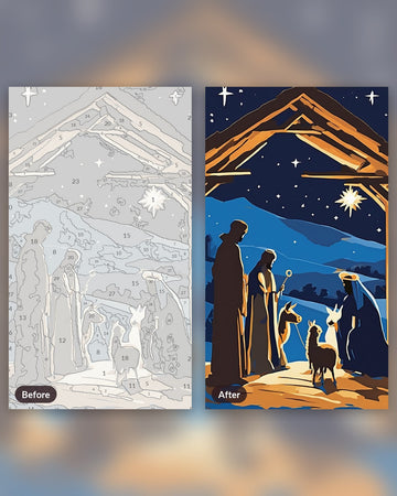 Nativity under the Star of Bethlehem paint by numbers kit, before and after