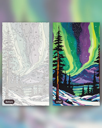 Northern Lights over the Pines paint by numbers kit, before and after