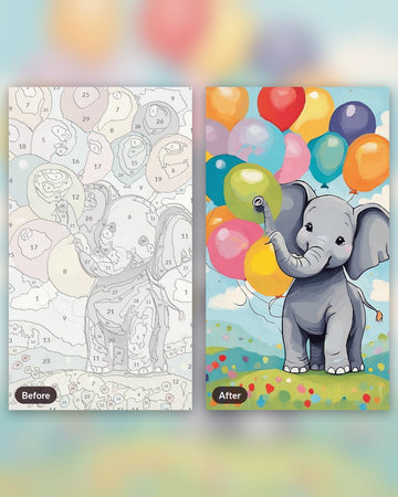 Nursery Baby Elephant with Balloons paint by numbers kit, before and after