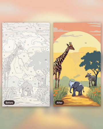 Nursery Safari Parade paint by numbers kit, before and after