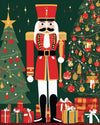 Nutcracker by the Christmas Tree paint by numbers kit, nutcracker soldier in red and gold beside a decorated tree