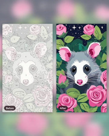 Opossum Among the Roses paint by numbers kit, before and after
