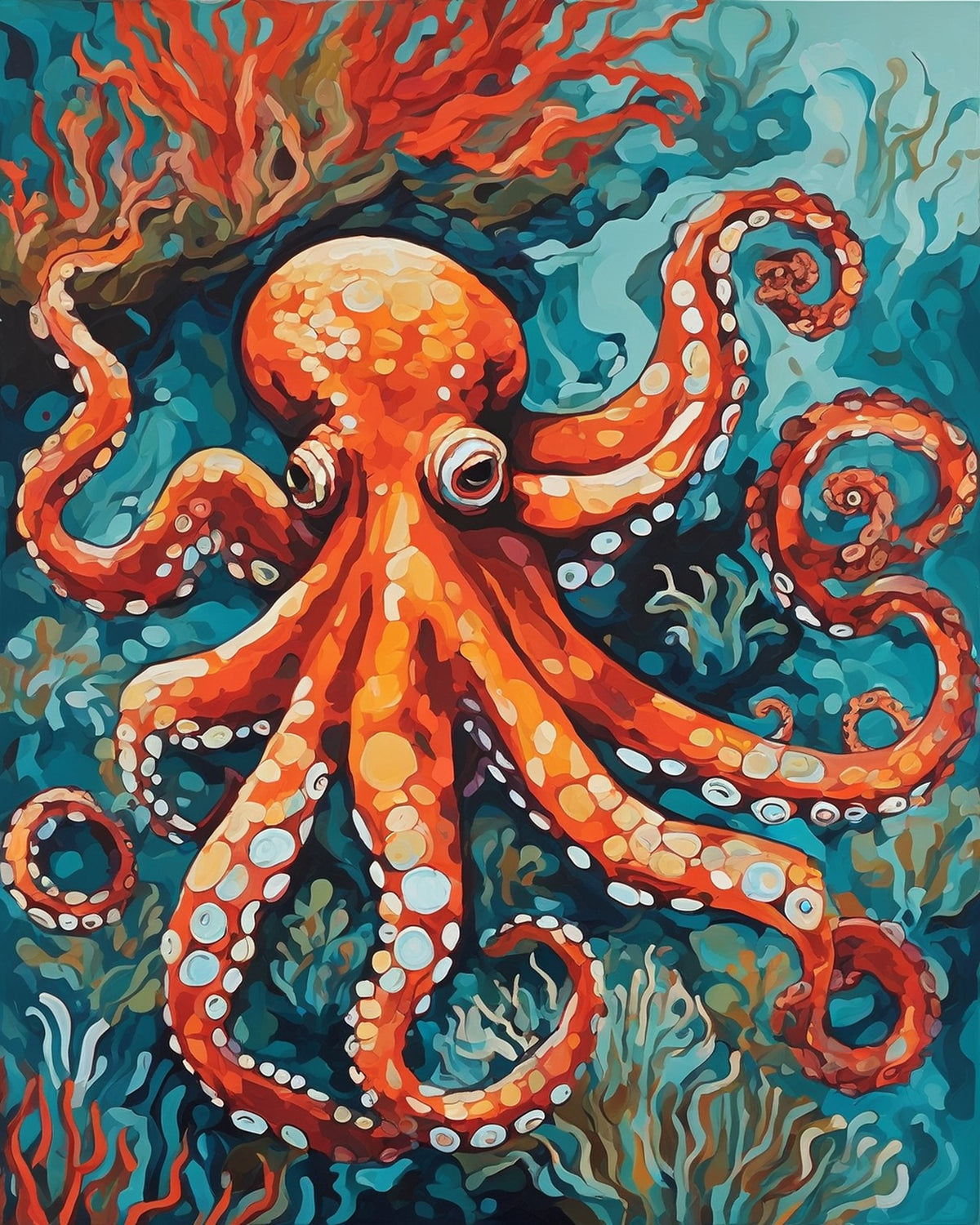 orange octopus with curling tentacles and pale suckers in deep teal water with red coral, paint by numbers kit