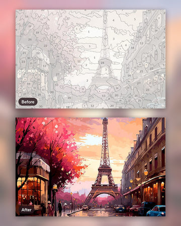 Parisian Twilight paint by numbers kit, before and after