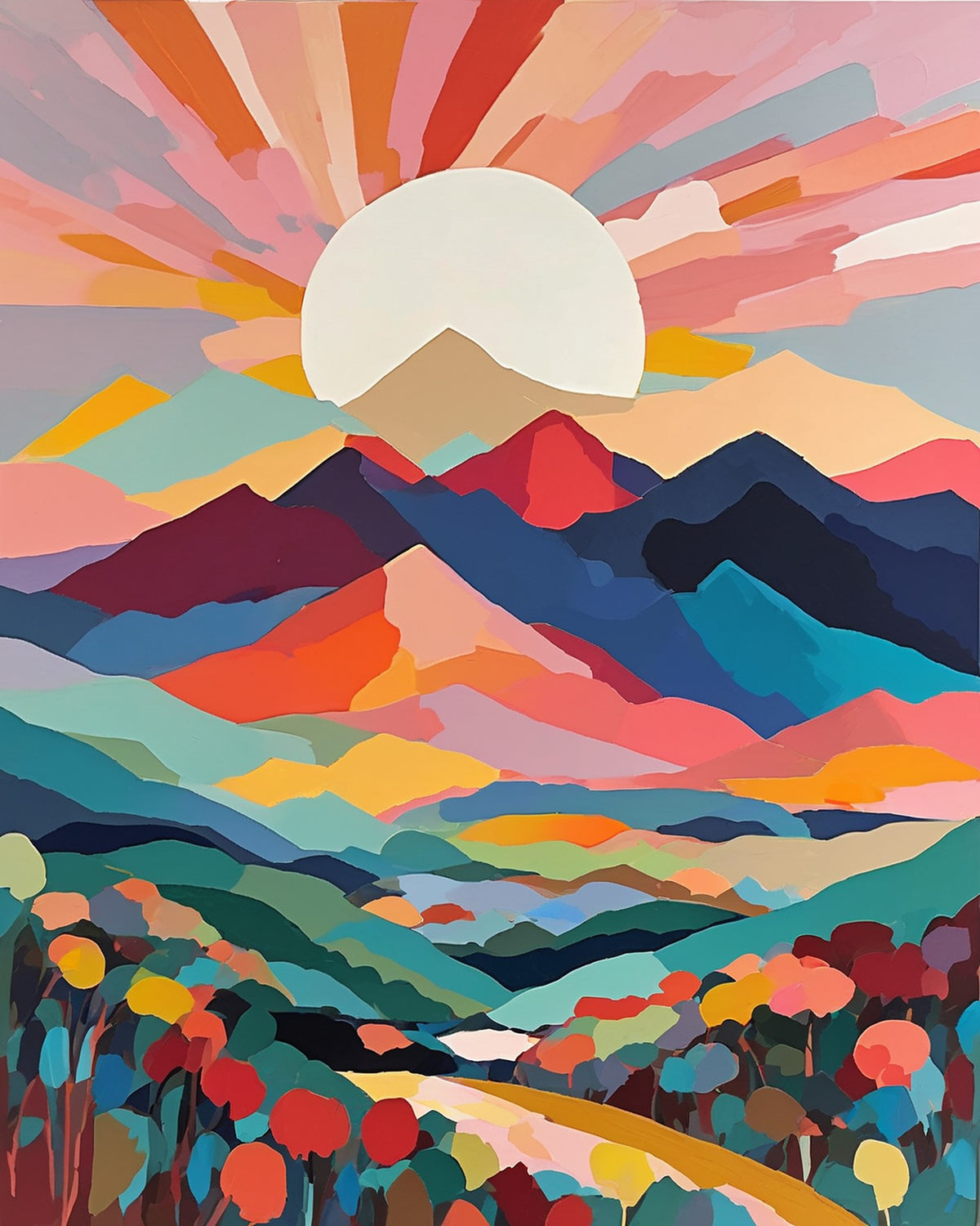 layered mountains in navy red teal and peach under a pale round sun with colorful trees and a path, paint by numbers kit