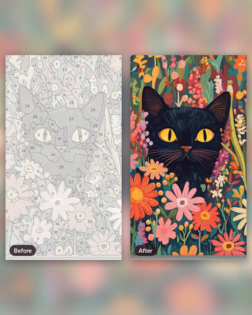 Peeking Cat paint by numbers kit, before and after