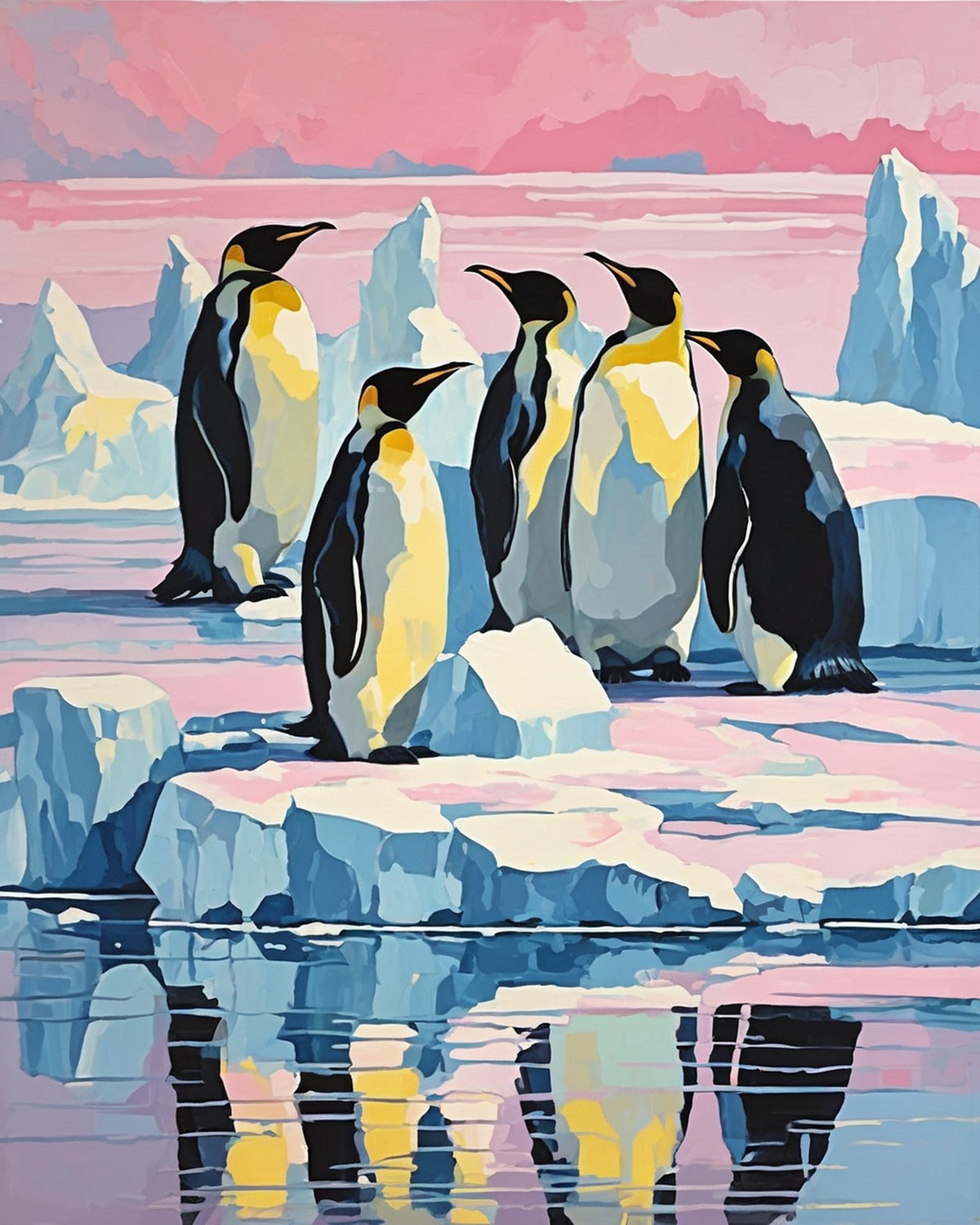 five emperor penguins standing on ice with blue icebergs, a pink sky and reflections in the water, paint by numbers kit