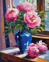 Peonies in a Blue Vase paint by numbers kit, still life by a window