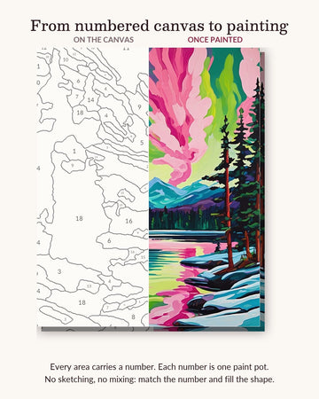 Pink and Green Aurora over the Lake numbered canvas next to the finished painting