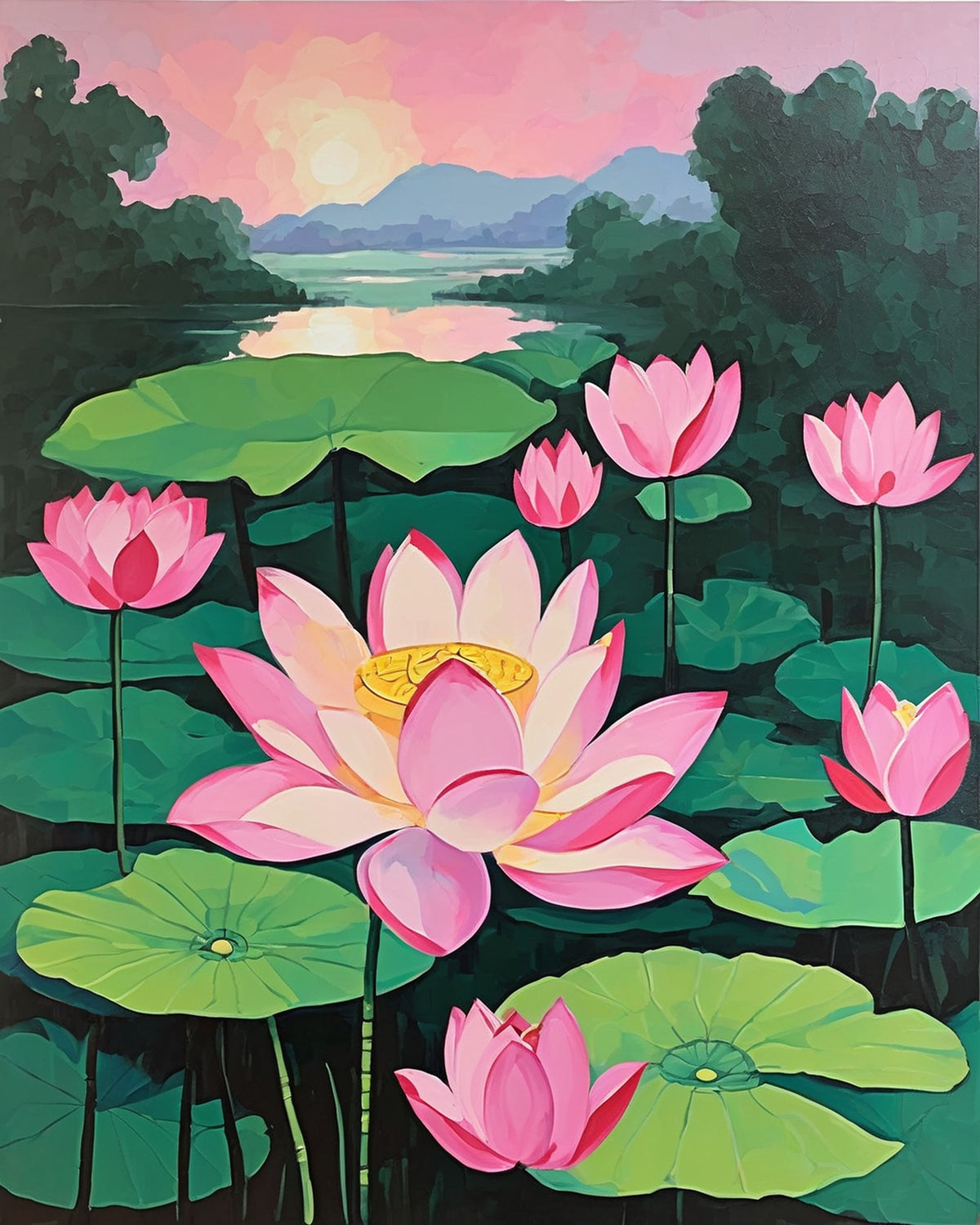 pink lotus flowers and green lily pads on a pond with a pink sunset and hills, paint by numbers kit