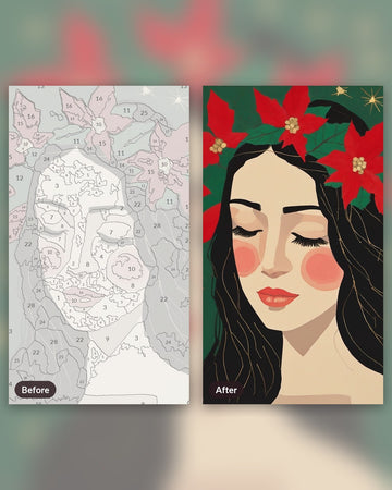 Poinsettia Crown Portrait paint by numbers kit, before and after