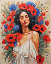 Poppy Dreamer paint by numbers kit, woman in a white dress with closed eyes among red poppies and cornflowers on cream