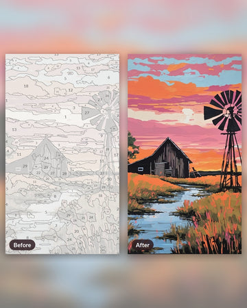 Prairie Windmill at Dusk Painting by Numbers Kit paint by numbers kit, before and after