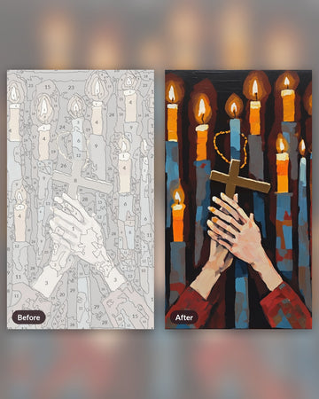 Praying Hands by Candlelight paint by numbers kit, before and after