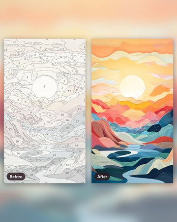 Prismatic Peaks paint by numbers kit, before and after