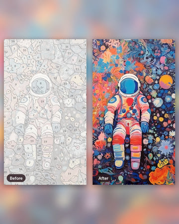 Prismatic Spacewalker paint by numbers kit, before and after