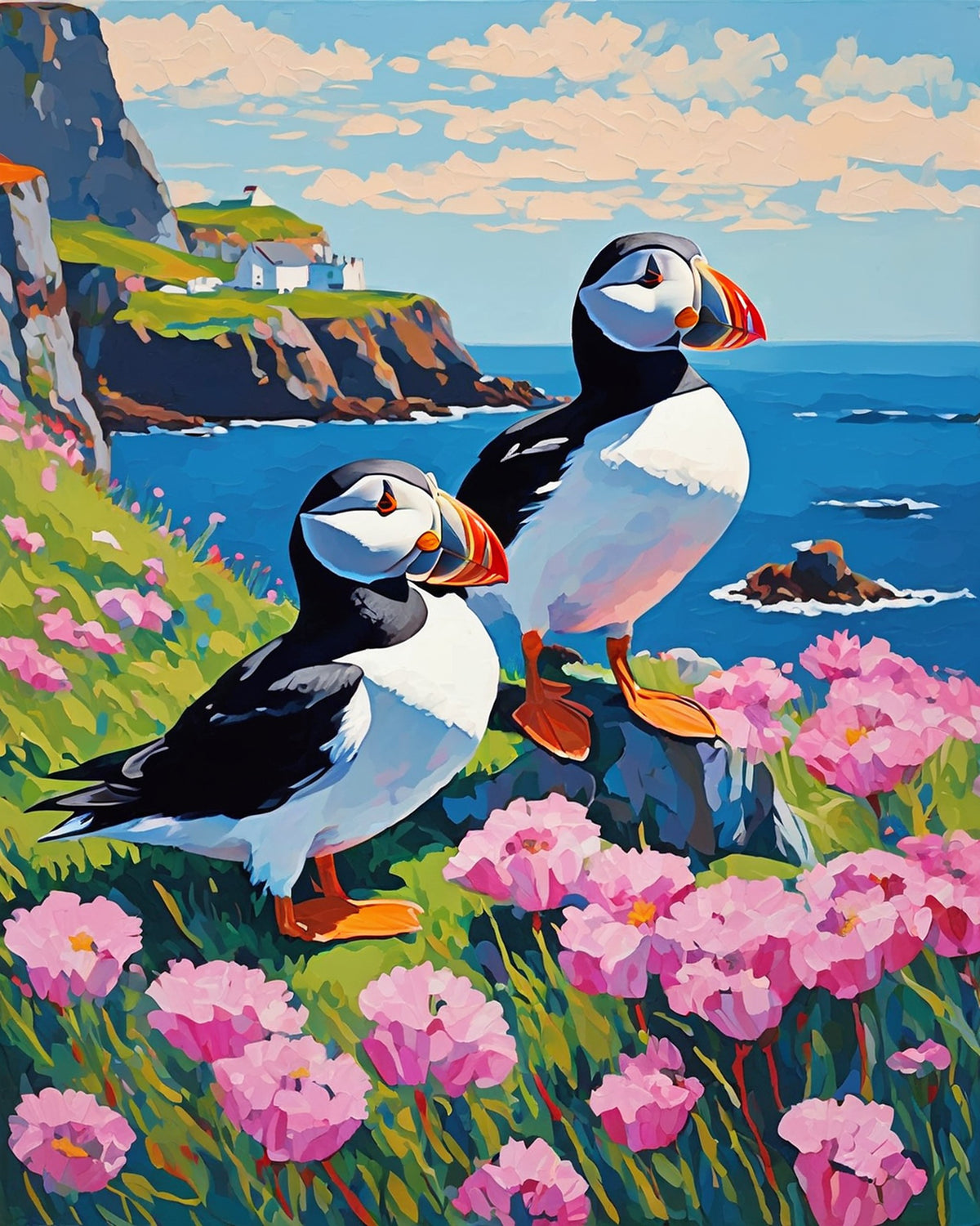 two atlantic puffins on a grassy sea cliff with pink flowers and blue ocean, paint by numbers kit
