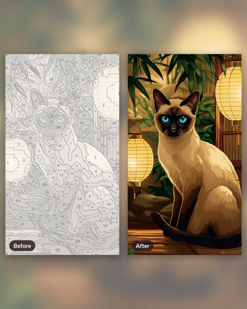 Quiet Siamese paint by numbers kit, before and after