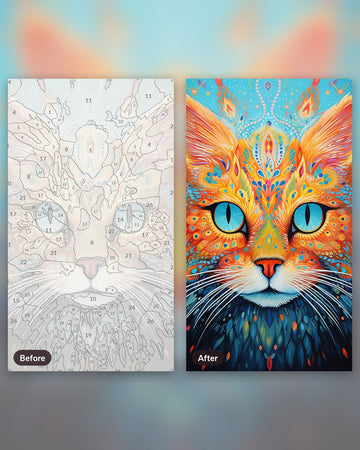 Rainbowcore Cat paint by numbers kit, before and after