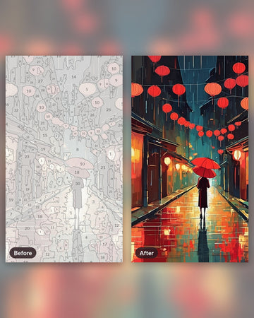 Rainy Lantern Street paint by numbers kit, before and after