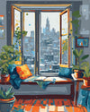 Rainy Reading Nook paint by numbers kit, cozy window seat with a book and tea on a rainy day