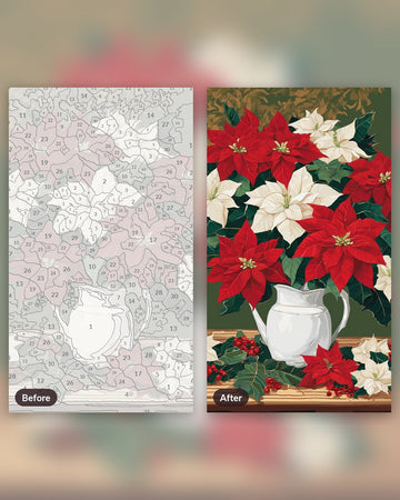 Red and White Poinsettia Still Life paint by numbers kit, before and after