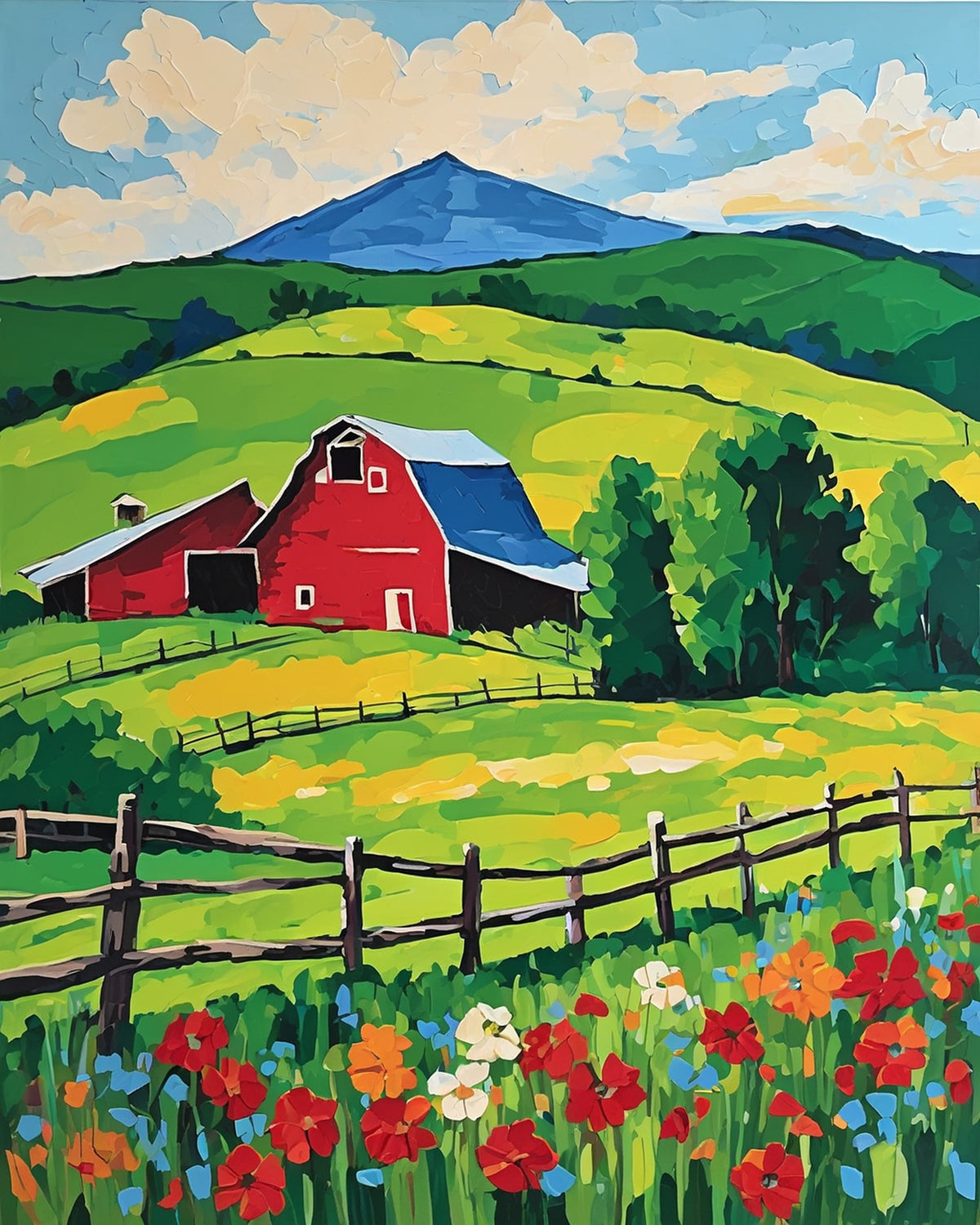 red barn with a blue roof on a green hill behind a wooden fence and red wildflowers, paint by numbers kit