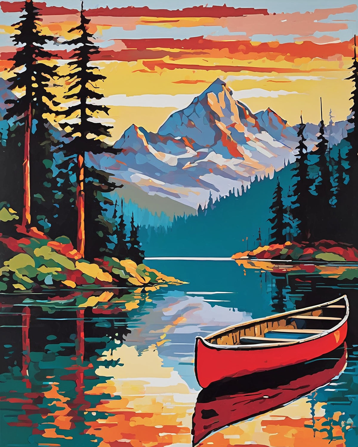 red canoe on a still mountain lake with tall pines, a snowy peak and a sunrise sky, paint by numbers kit