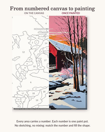 Red Covered Bridge in Winter numbered canvas next to the finished painting