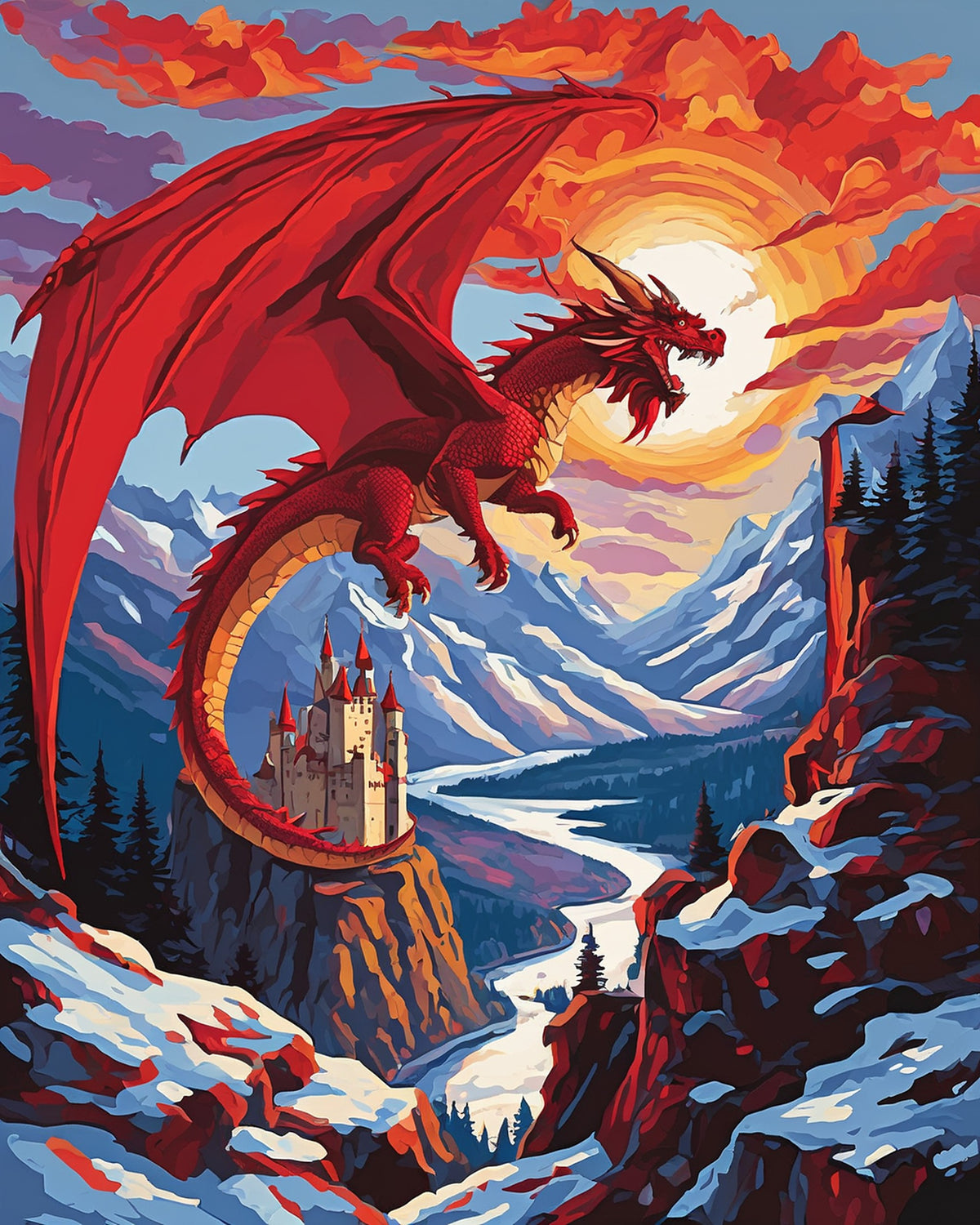 red dragon flying over a castle on a cliff and snowy mountains paint by numbers kit
