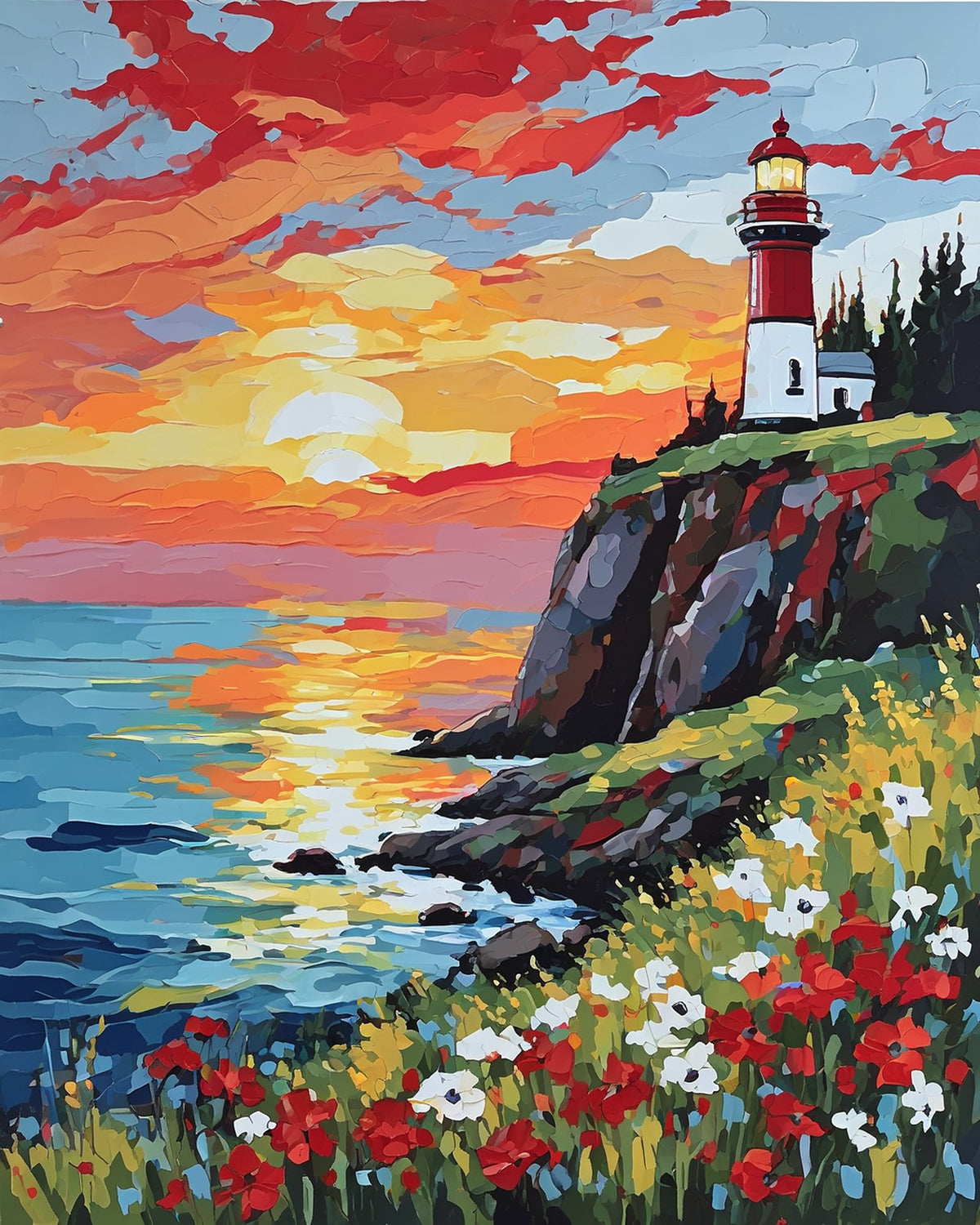 red and white lighthouse on a grassy cliff with wildflowers above the sea at sunset, paint by numbers kit