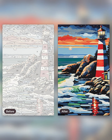 Red Lighthouse on a Winter Shore Painting by Numbers Kit paint by numbers kit, before and after