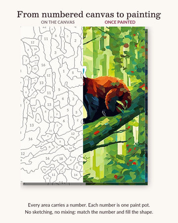 Red Panda on a Mossy Branch numbered canvas next to the finished painting