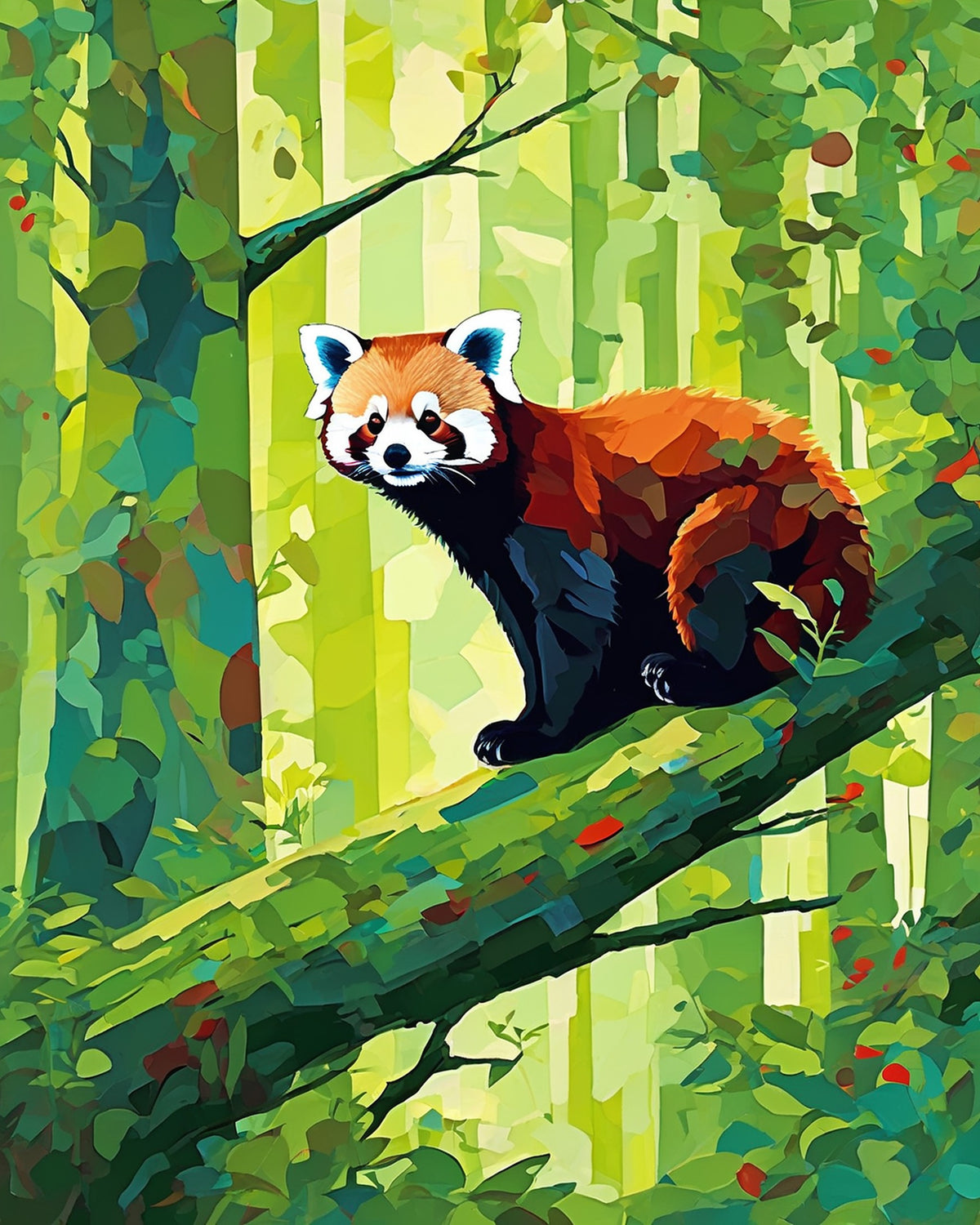 red panda sitting on a mossy branch in a green forest with soft light, paint by numbers kit