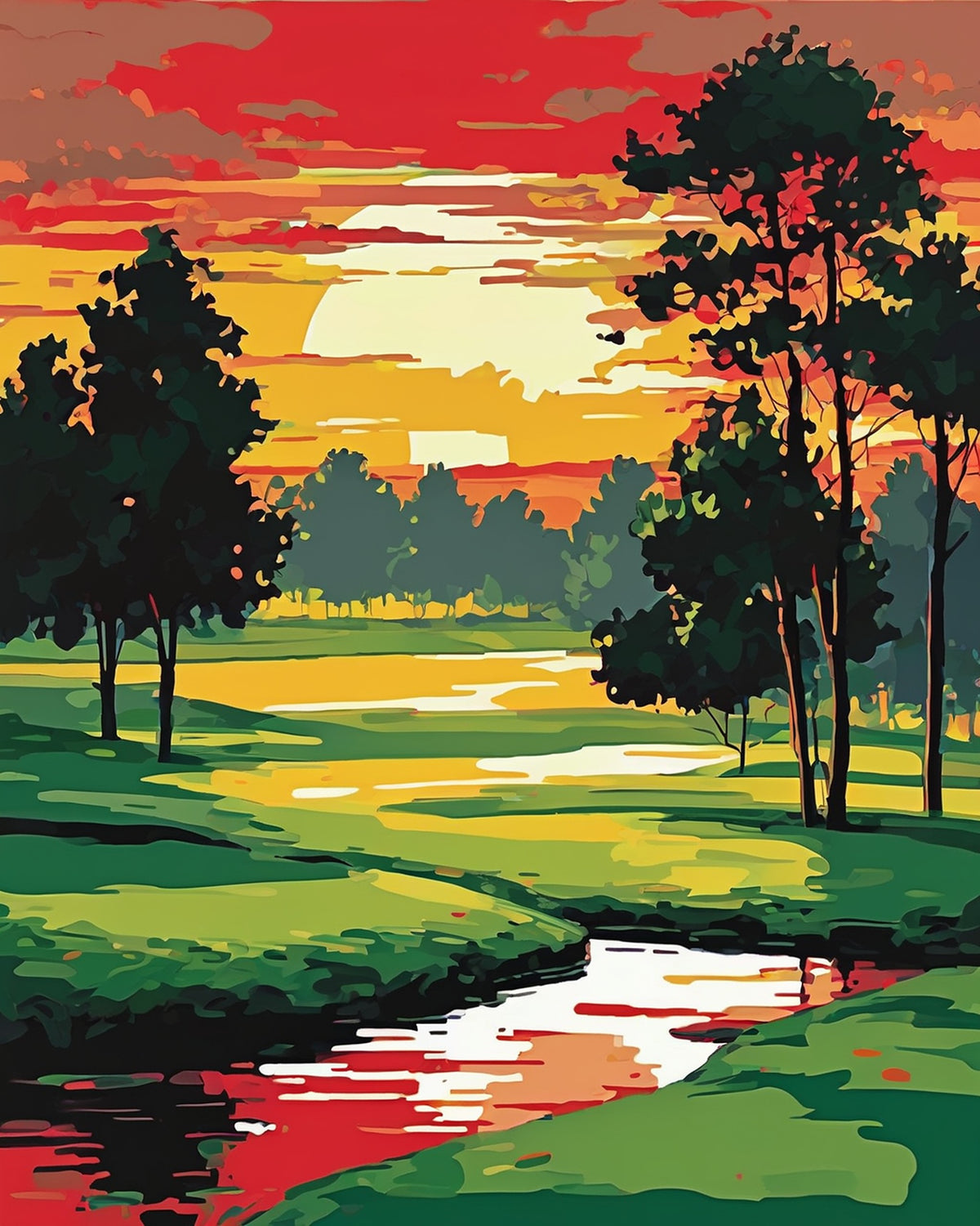 low sun in a red and orange sky over a winding pond, green grass and tall dark trees, paint by numbers kit