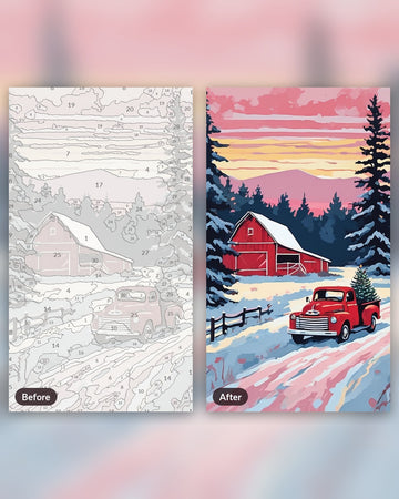 Red Truck Bringing Home the Tree paint by numbers kit, before and after