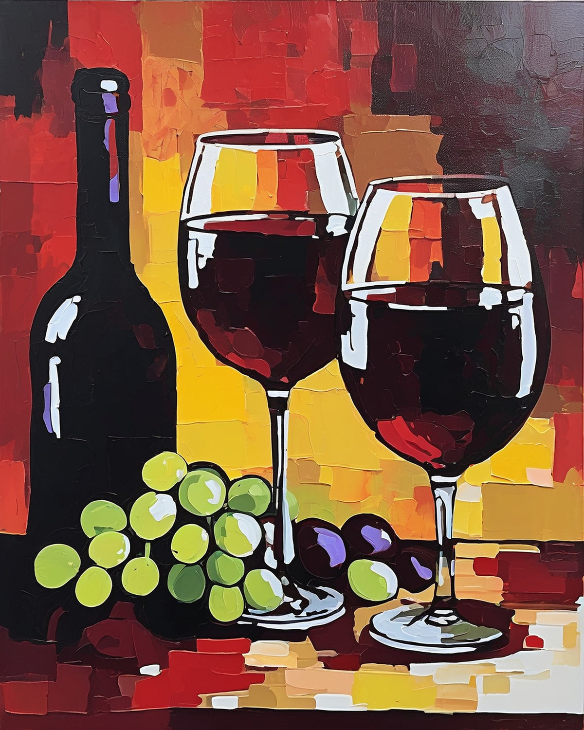 two glasses of red wine and a dark bottle with green and purple grapes on a red and yellow background, paint by numbers kit