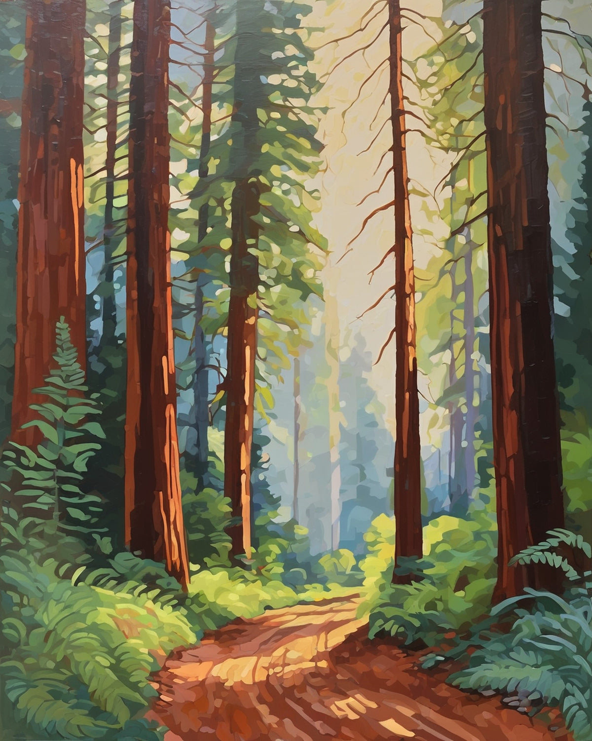 tall redwood trunks, green ferns and a sunlit dirt path in a misty forest, paint by numbers kit