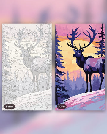 Reindeer at Dawn paint by numbers kit, before and after