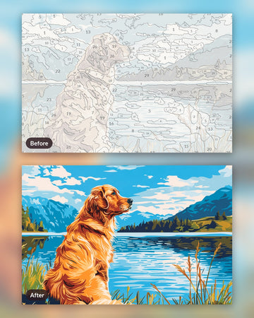 Retriever by the Lake paint by numbers kit, before and after